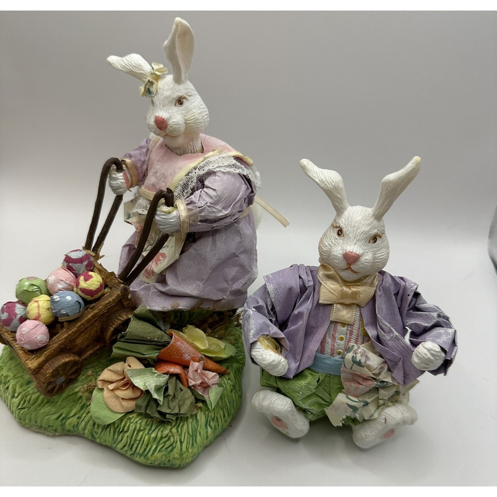 Vintage Rabbits Set of 2 Fabric Mache Spring Bunnies Hand Crafted